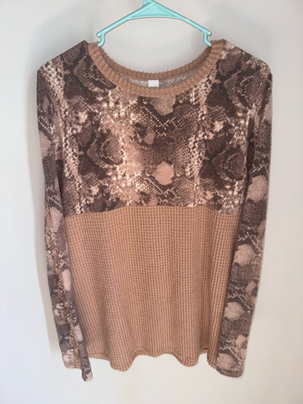 Waffle Knit Snake Print Long Sleeve Top - Brown and Beige